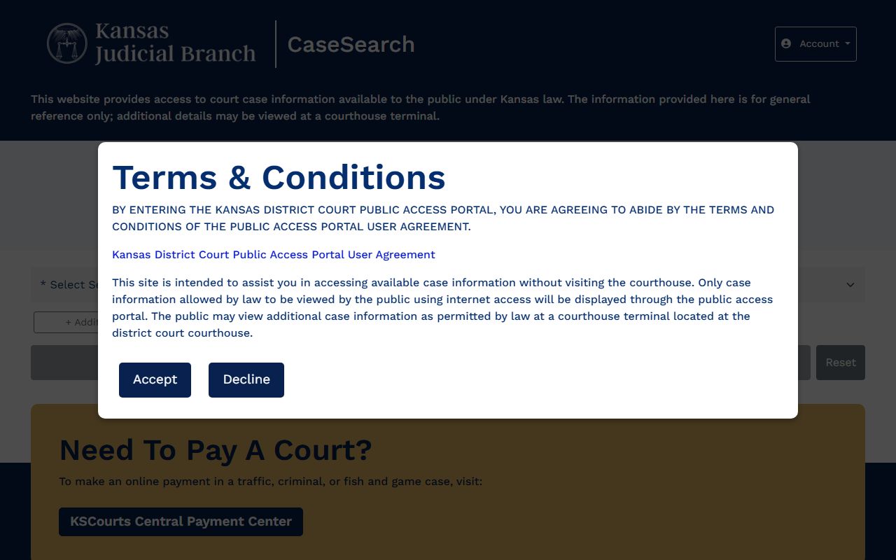 Kansas District Court Case Search interface for Anderson County court records